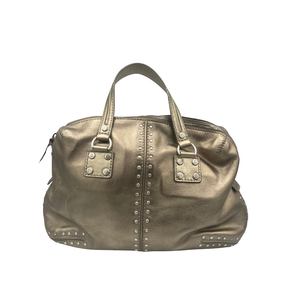 Metallic Bronze Leather Studded Satchel Bag Silver Studs Top Handle Tote